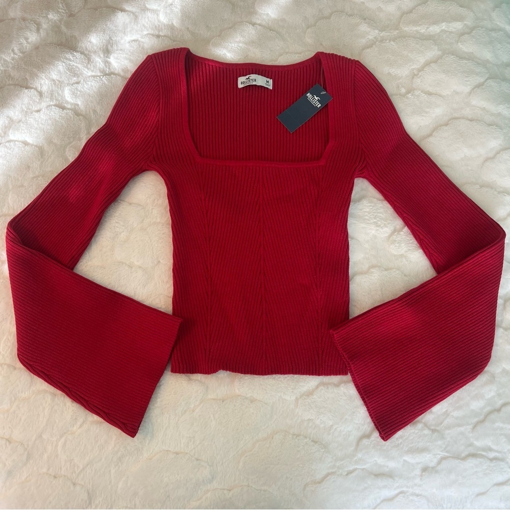 Hollister Red Ribbed Square Neck Bell Sleeve Top